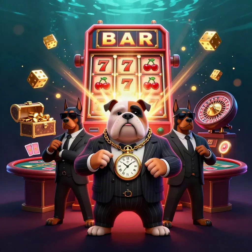 Bulldog mafia boss and two Dobermans amid casino jackpots, gold, and neon light
