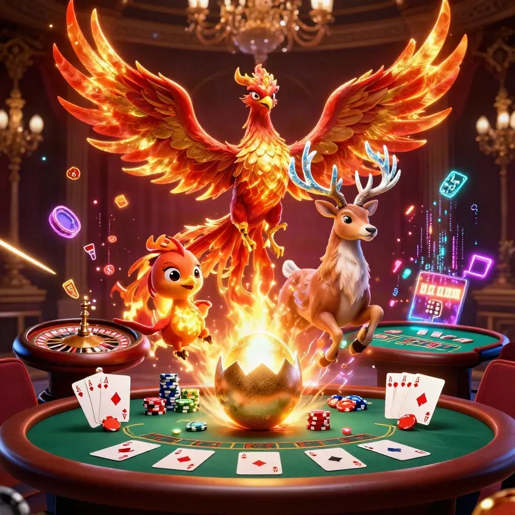 Fire phoenix, baby phoenix, and crystal-antler stag amid casino elements in luxe crimson-gold glow.