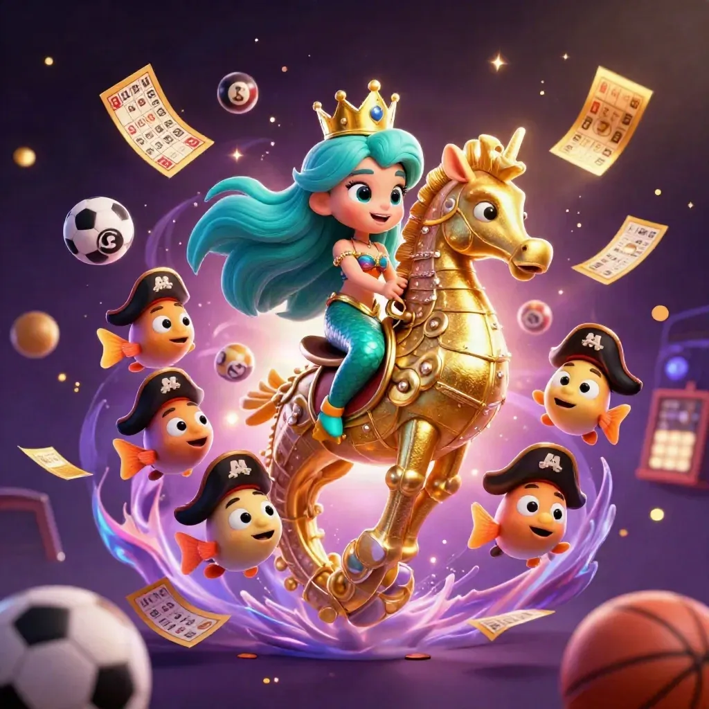 Mermaid princess rides a golden seahorse amid casino symbols in a purple cosmic glow.