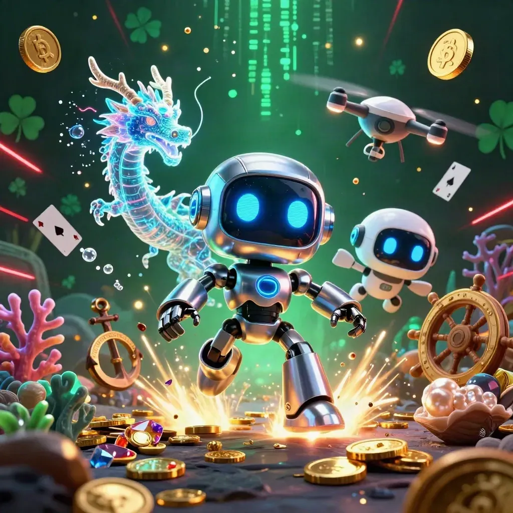 Cyberpunk robot, holographic dragon and coin drone amid an underwater treasure burst.