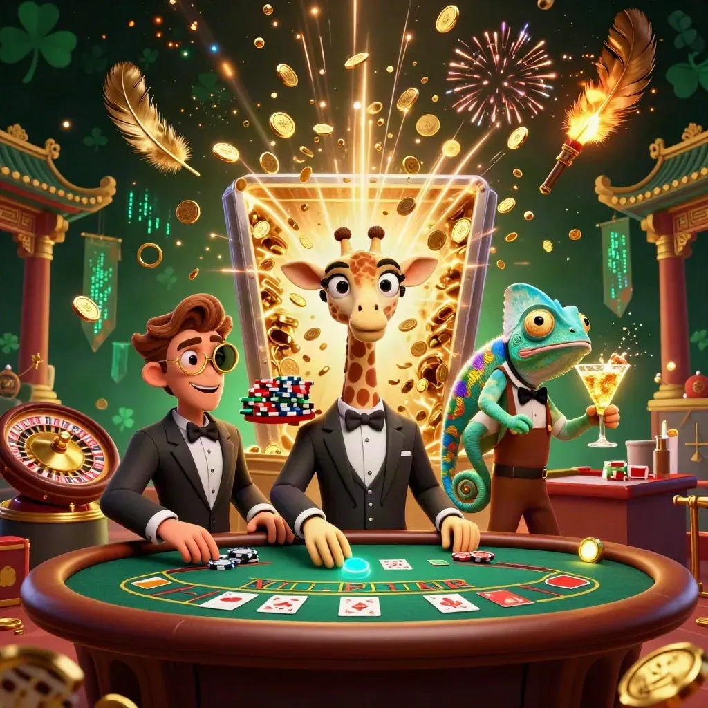 Luxury casino animals amid coins, fireworks, roulette, and a glowing vault burst.