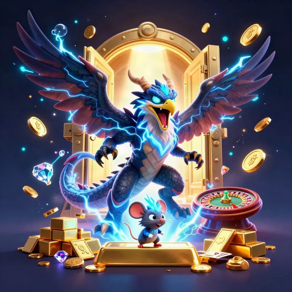 Thunder dragon, glowing hawk, and static mouse amid vault coins, gold, and casino lights