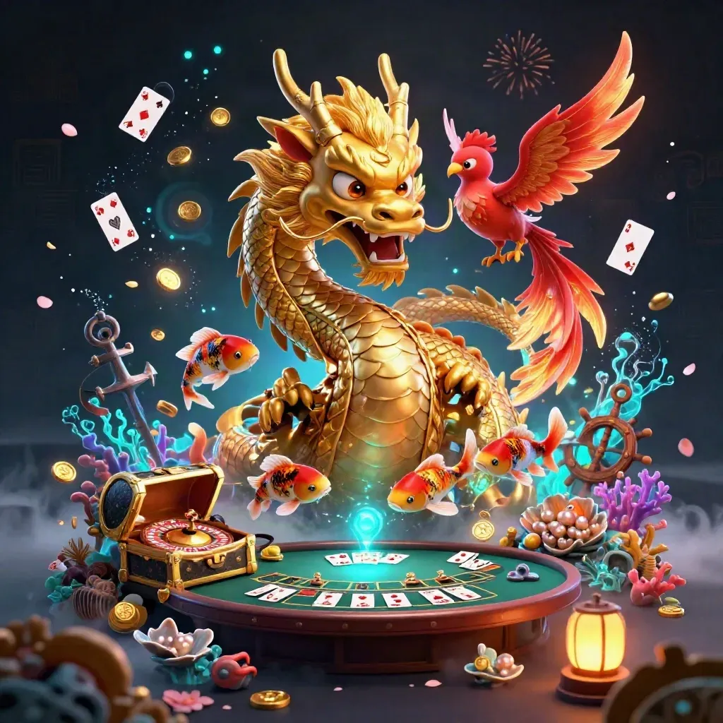 Golden dragon, phoenix, and koi amid casino treasure, coins, and glowing effects